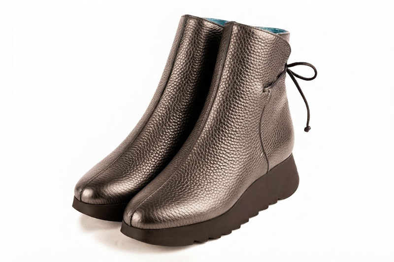 Women's bronze back lace-up ankle boots with square toe and chunky rubber lug sole - Front view